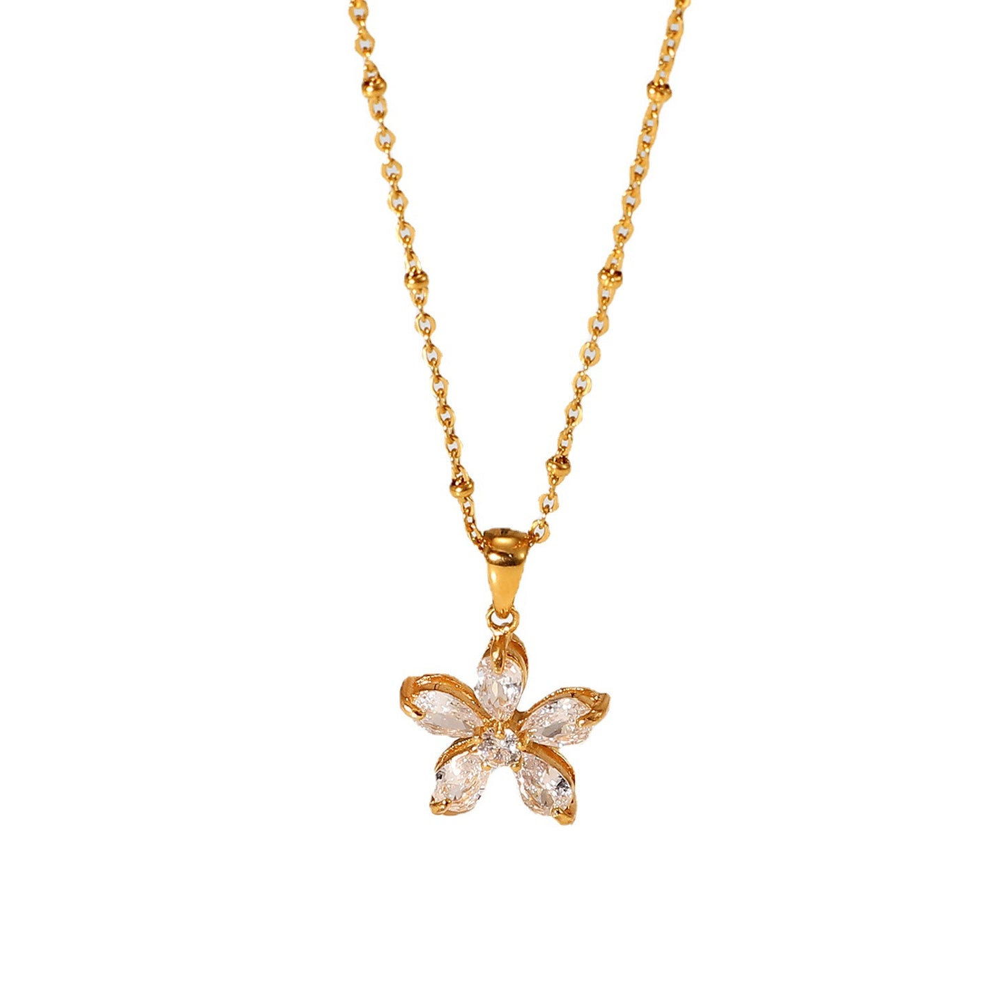 JDN20783-WT Stainless Steel Flower Pendant Necklace Zircon Necklace No Tarnish Waterproof Chain