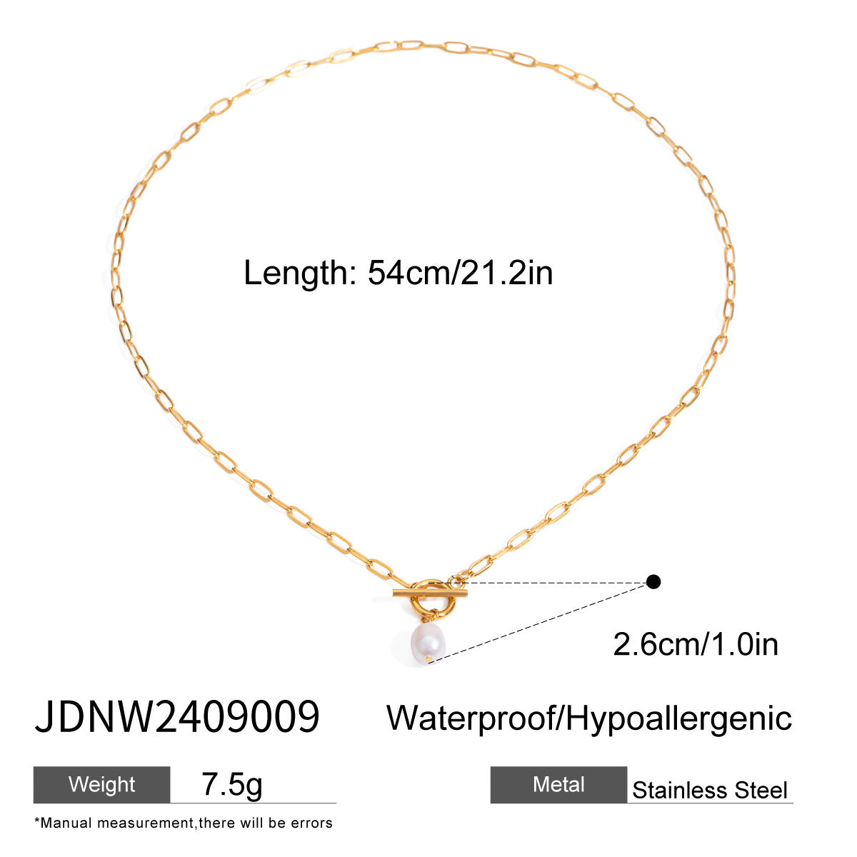 JDNW2409009 Fresh Water Pearl Pendant Necklace O/T chain Waterproof Chain Necklace for WOmen