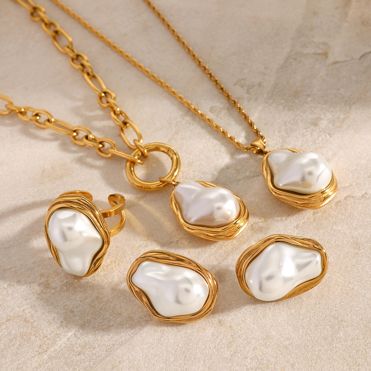 JDN2409036 Pearl Jewelry Stainless Steel Pearl Necklace Ring Earring set Jewelry Set for Women