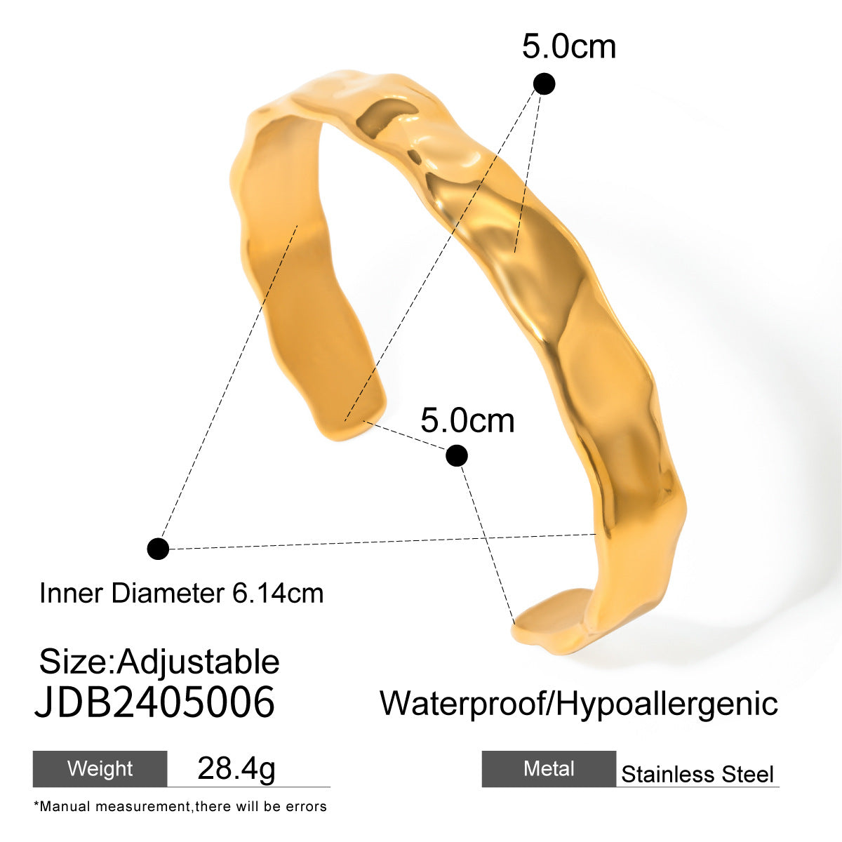 JDB2405006 18K Golden Color Wave Beach Bracelet Adjustable Open Cuff Bangle for Women