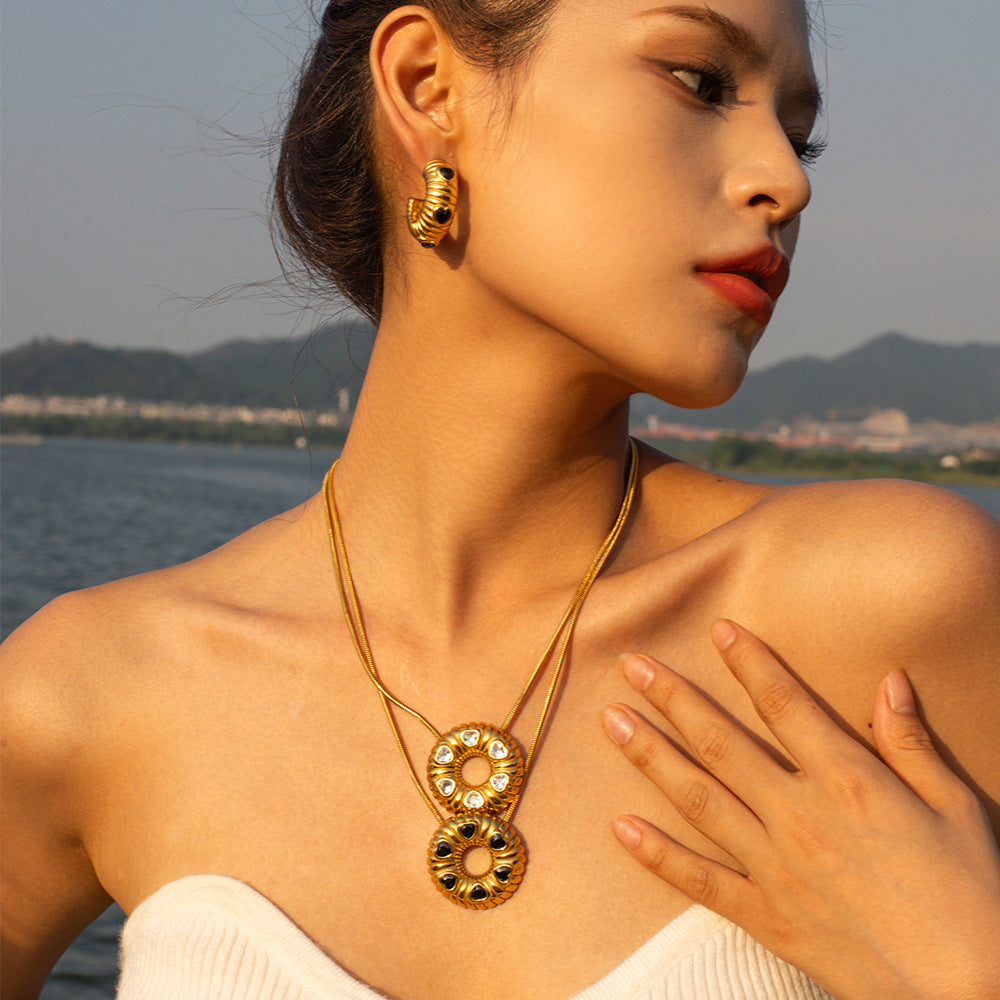 JDN2309015 Donut Pendant with Zircon Pendant Necklace Waterproof Chain for Women