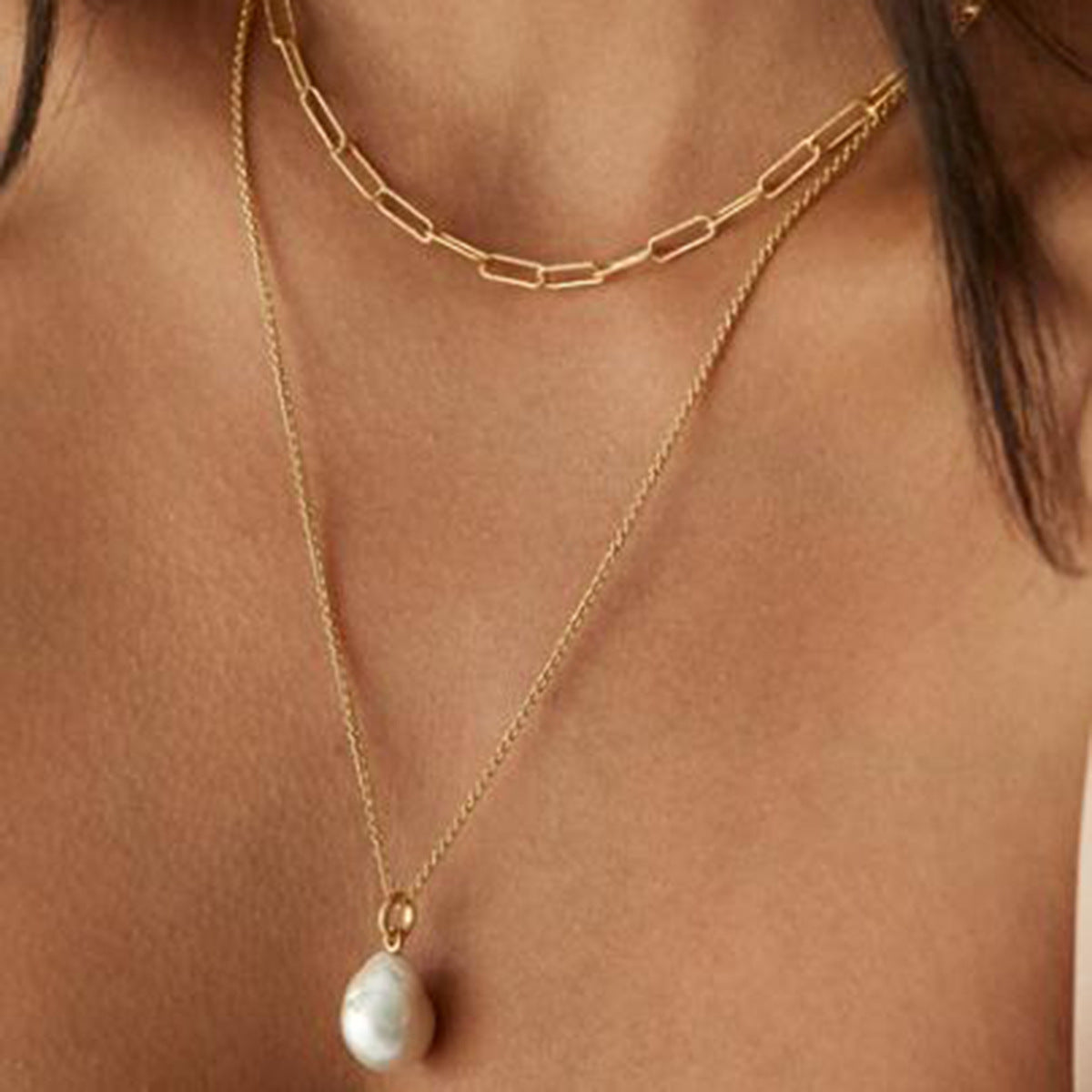 JDNW2403044 Stainless Steel Long Paperclip Chain Double Layered Necklace with Pearl