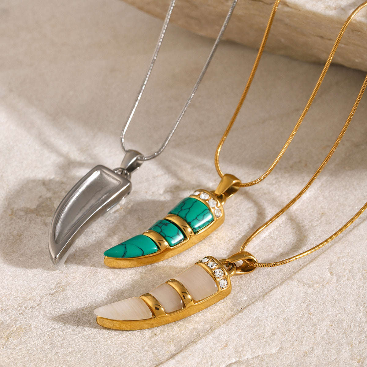 JDN2404033-GN Ivory Pendant with Cat's Eye Stainless Steel Necklace