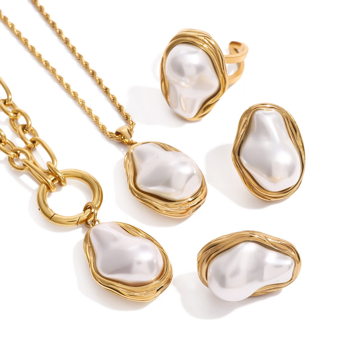JDN2409036 Pearl Jewelry Stainless Steel Pearl Necklace Ring Earring set Jewelry Set for Women