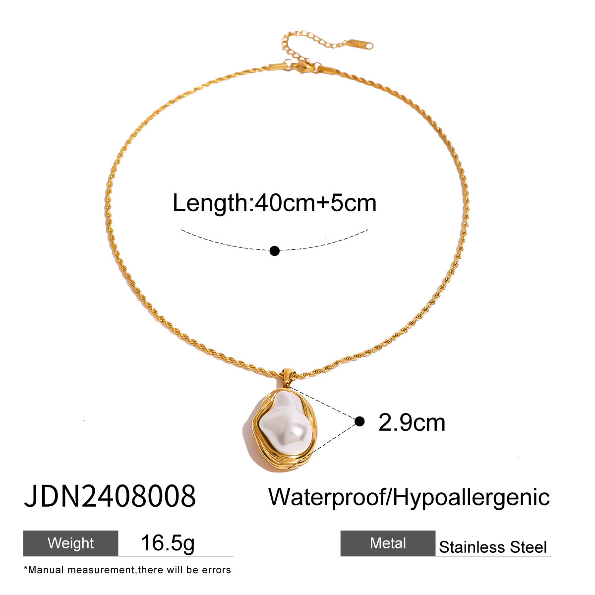 JDN2409036 Pearl Jewelry Stainless Steel Pearl Necklace Ring Earring set Jewelry Set for Women