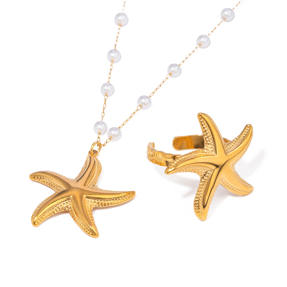 JDNW2407008 18K Golden Color Stainless Steel Sea Star Necklace & Ring for Women