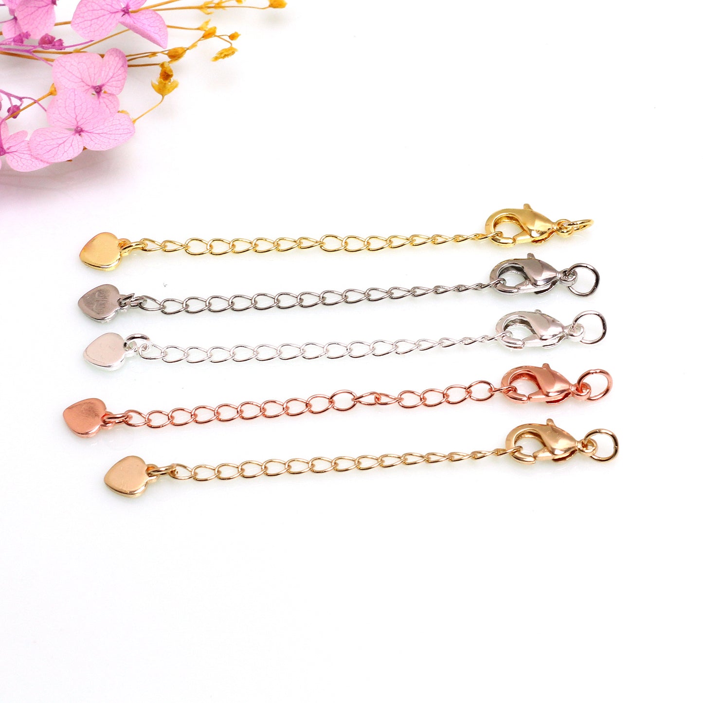 CL10 Lobster Clasps with Extension Chain with Heart & Tear Drop Dangling