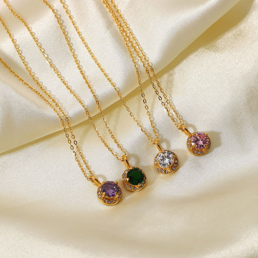 JDN20688-GN 18k Golden Color Double-Halo Pendant Colorful Cubic Zircon Necklace