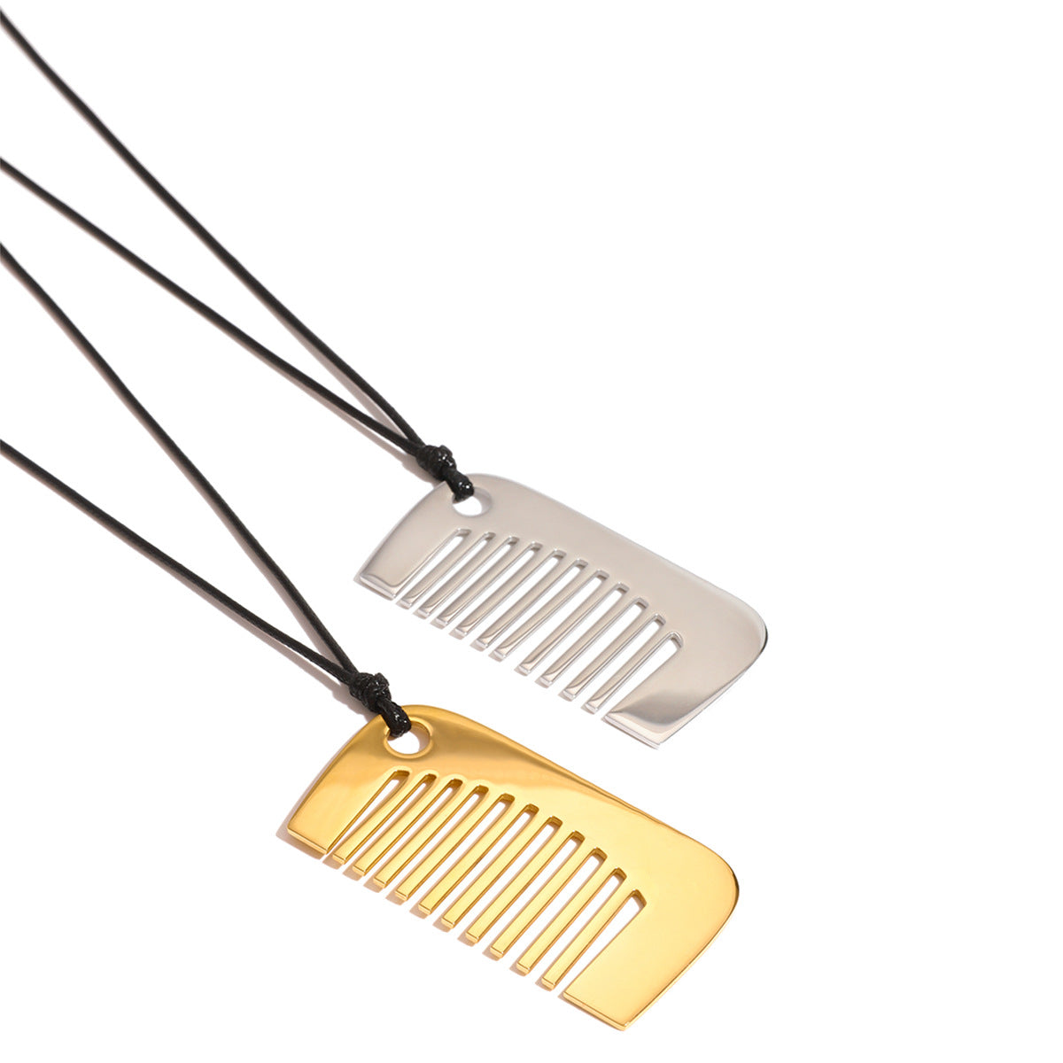 JDN2409050 Stainless Steel Comb Shape Pendant Necklace with Leather Chain Necklace for Women