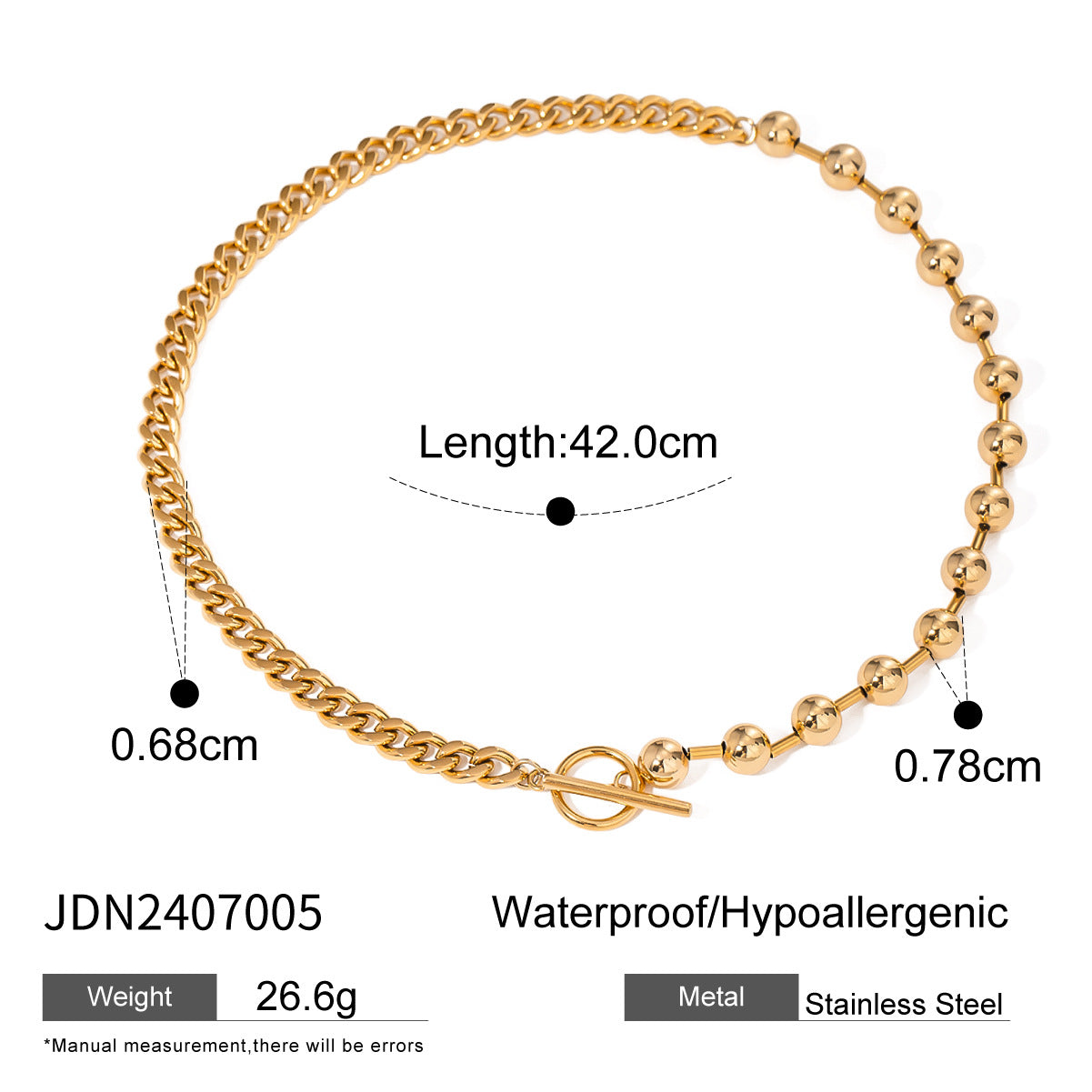 JDN2407005 Chain Necklace with half beaded Chain Stainless Steel Chain Necklace for Women