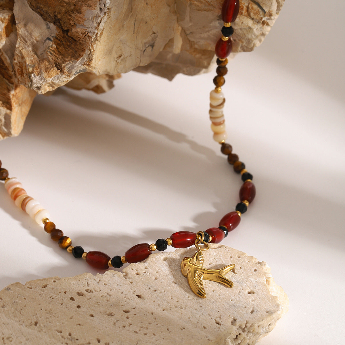 JDN2409026 Natural Red Agate Necklace with Pendant Yellow Tiger Eye Faceted beaded Chain Necklace for Women