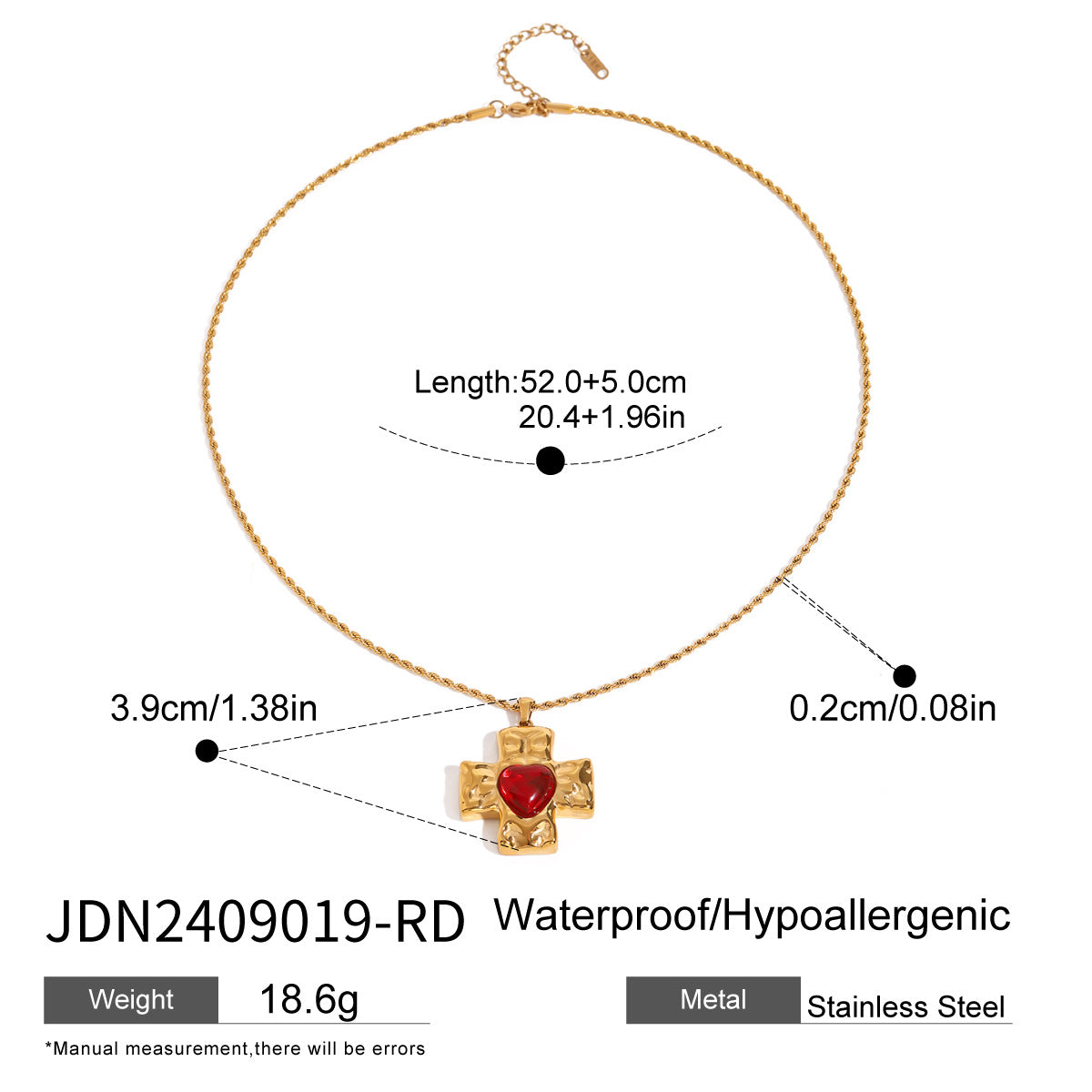 JDN2409026 Natural Crystal Stainless Steel Necklace Red Agate Necklace Heart Pendant Waterproof Chain Necklace