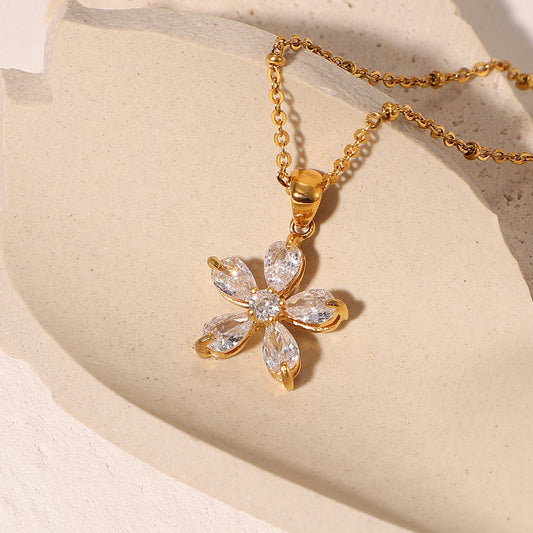 JDN20783-WT Stainless Steel Flower Pendant Necklace Zircon Necklace No Tarnish Waterproof Chain