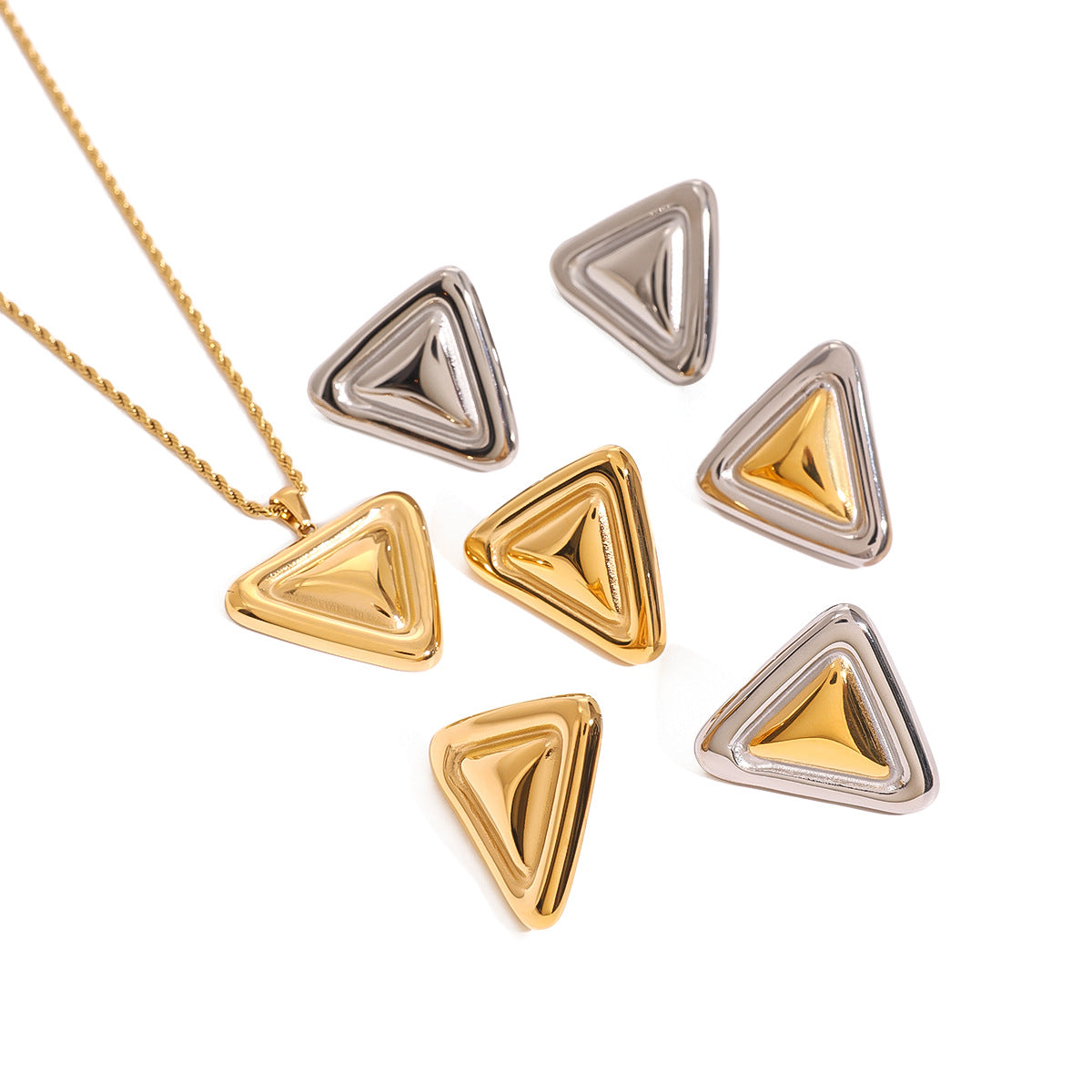 JDN2406004 Triangle Shape Pendant Necklace with Earrings Set Stainless Steel Chain Water Proof Chain