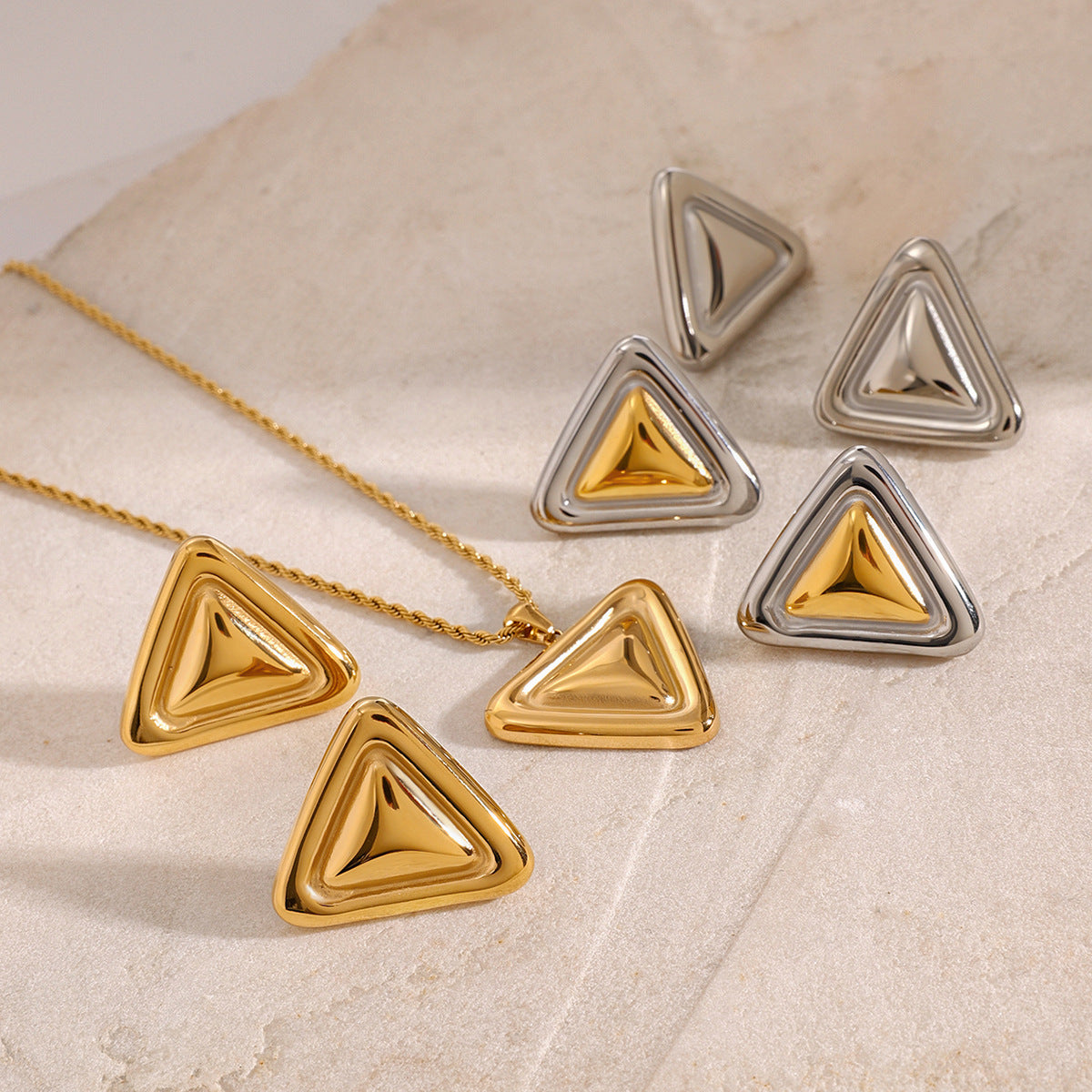 JDN2406004 Triangle Shape Pendant Necklace with Earrings Set Stainless Steel Chain Water Proof Chain