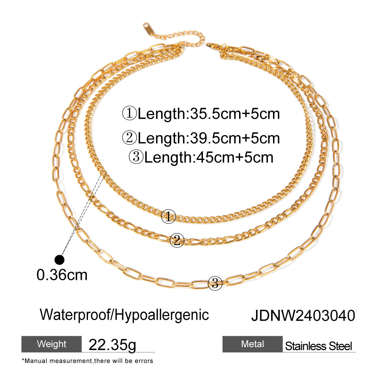 JDNW2403040 18K Gold Plated 3 in 1 Stainless Steel Chain Necklace Clip Paper Chain Necklace