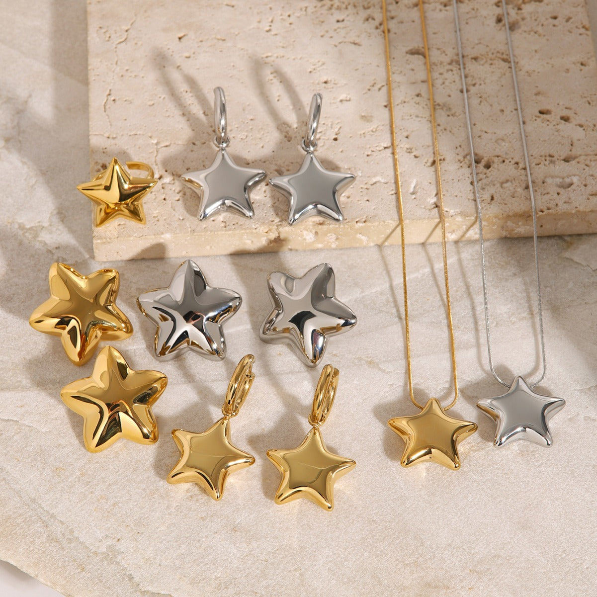 JDE2406005 Stainless Steel Star Pendant Necklace Ring Earrings Set Waterproof 18k Gold Plated Jewelry set