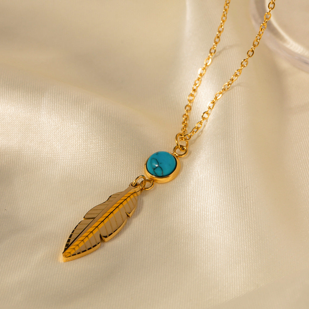 JDN2302040 Stainless Steel Feather and Turquoise Pendant 18K Golden Color Necklace for Women