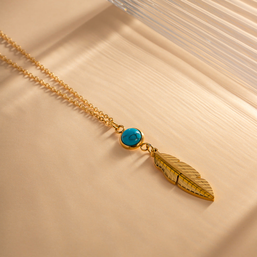 JDN2302040 Stainless Steel Feather and Turquoise Pendant 18K Golden Color Necklace for Women