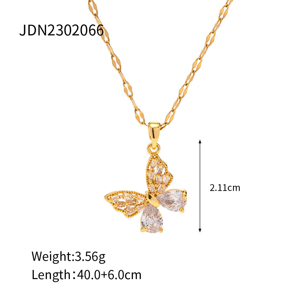 JDN2302066 18K Golden Color Zircon Pendant Stainless Steel Butterfly Necklace for Women