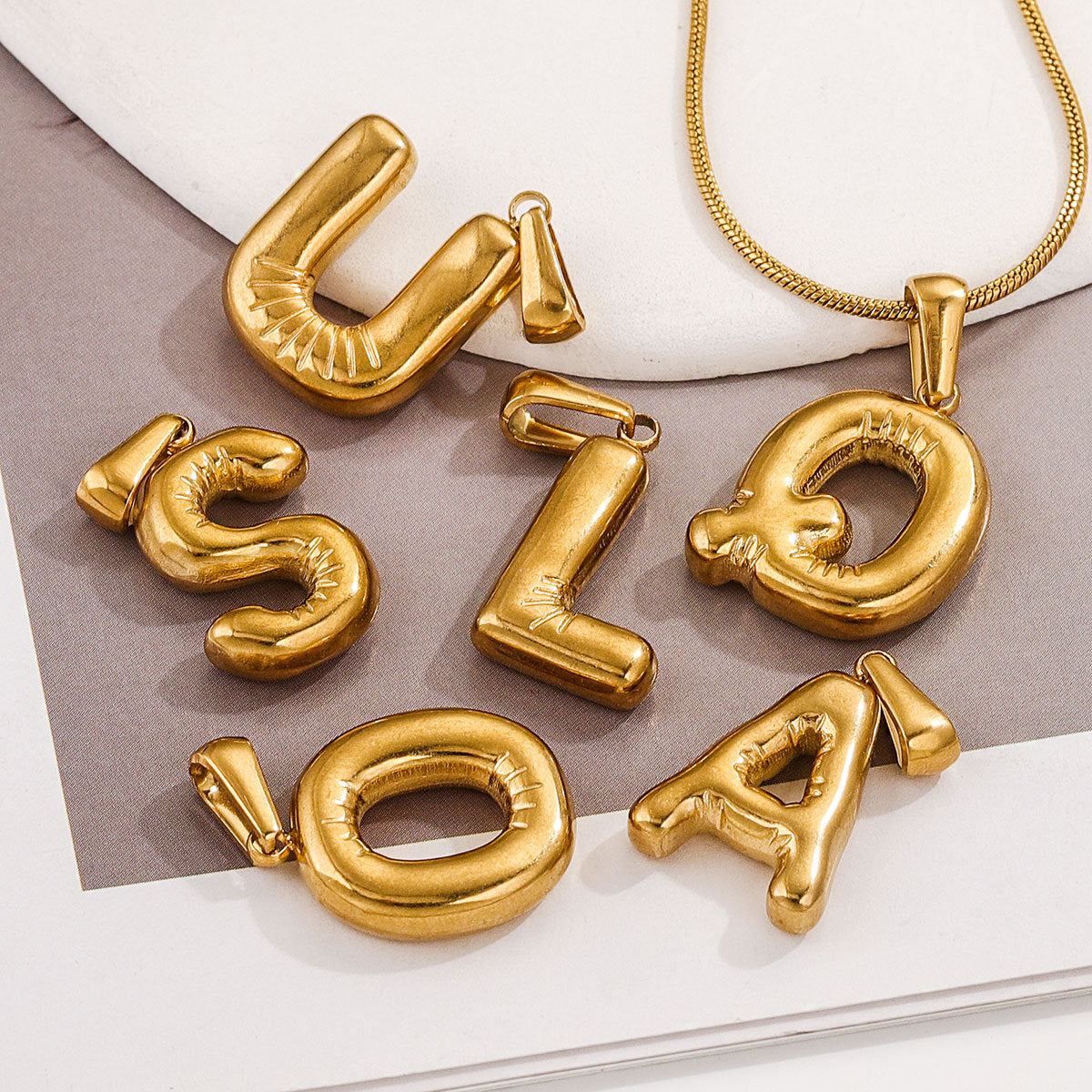 PD12 Puff Letter Pendant with Hook Stainless Steel No Tarnish Waterproof Golden Color Pendant