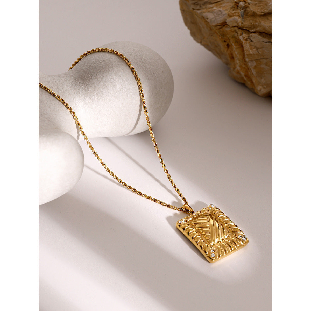 JDN2406003 18K Golden Color Square Pendant Zircon Stainless Steel Necklace for Women