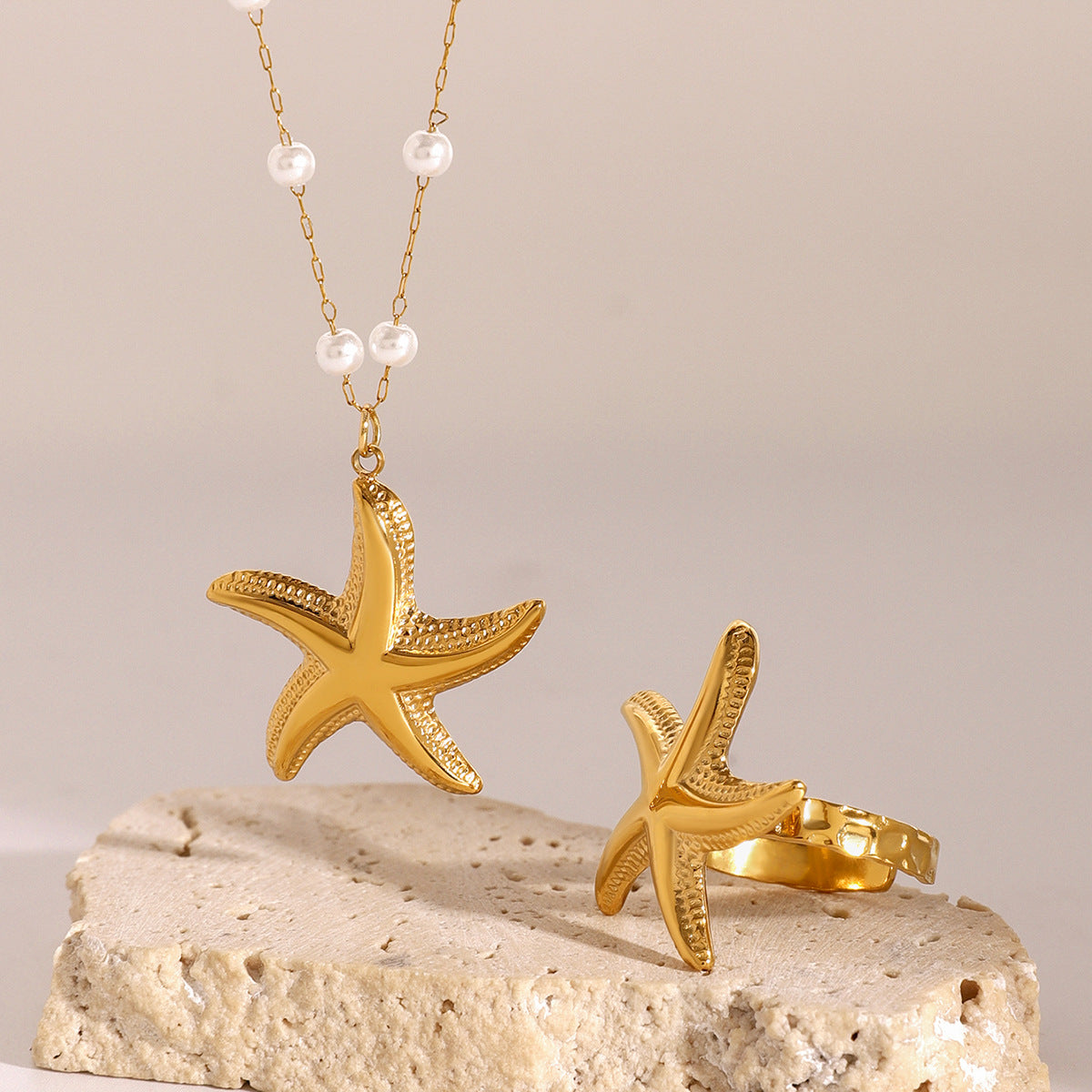 JDNW2407008 18K Golden Color Stainless Steel Sea Star Necklace & Ring for Women