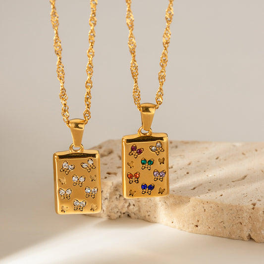 JDN2304005-WT  18KGolden Color Vintage Style Square Pendant Zircon Decorated Necklace