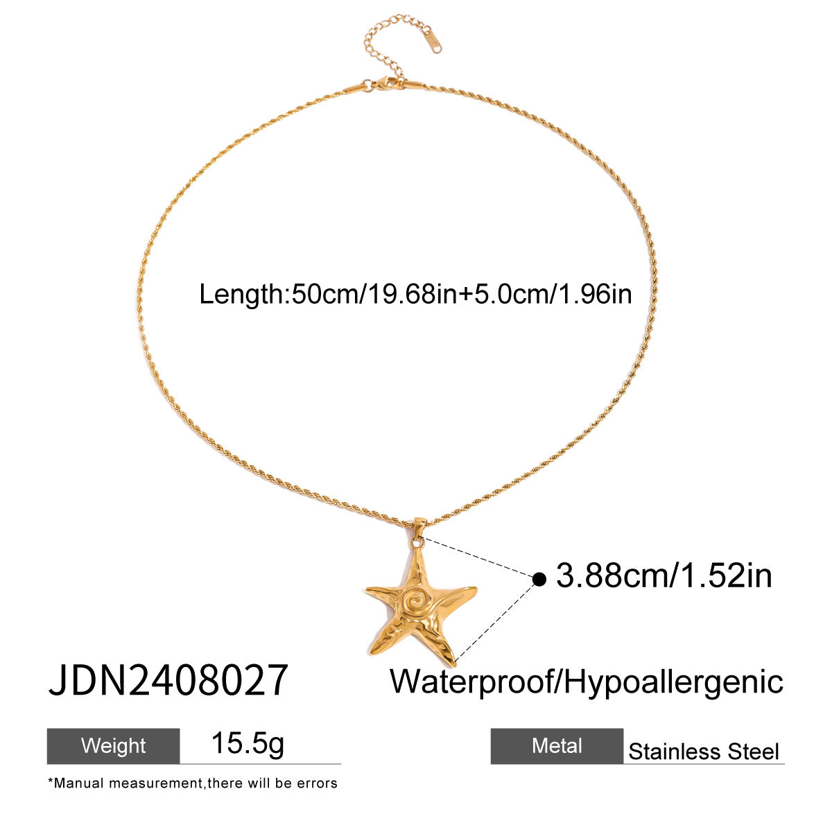 JDN2408027 Stainless Steel Star Fish Pendant Necklace Waterproof Chain Necklace for Women