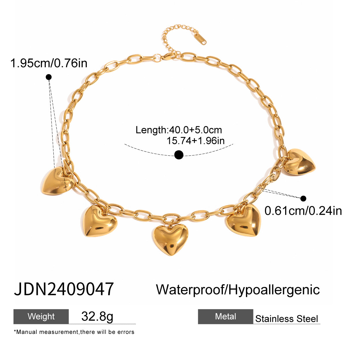 JDN2409047 Heart Pendant Necklace Stainless Steel Waterproof Chain Necklace for Women