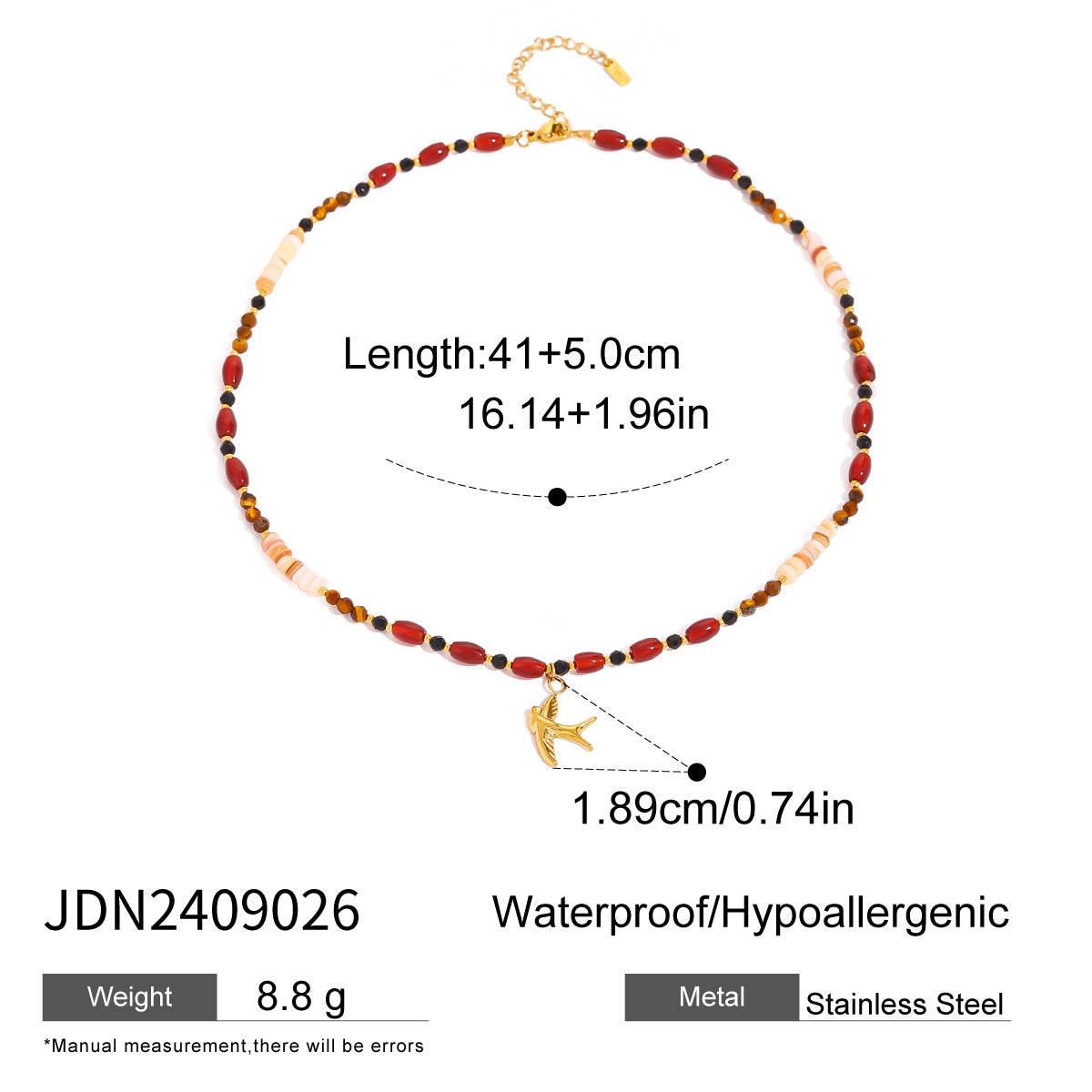 JDN2409026 Natural Crystal Stainless Steel Necklace Red Agate Necklace Heart Pendant Waterproof Chain Necklace