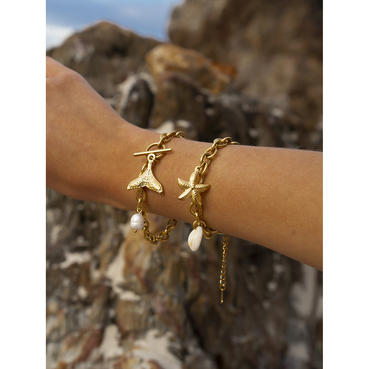 JDBW2403022 18K Gold Plated Stainless Steel Necklace Bracelet set Ocean Style Star Fish Shell Design Jewelry