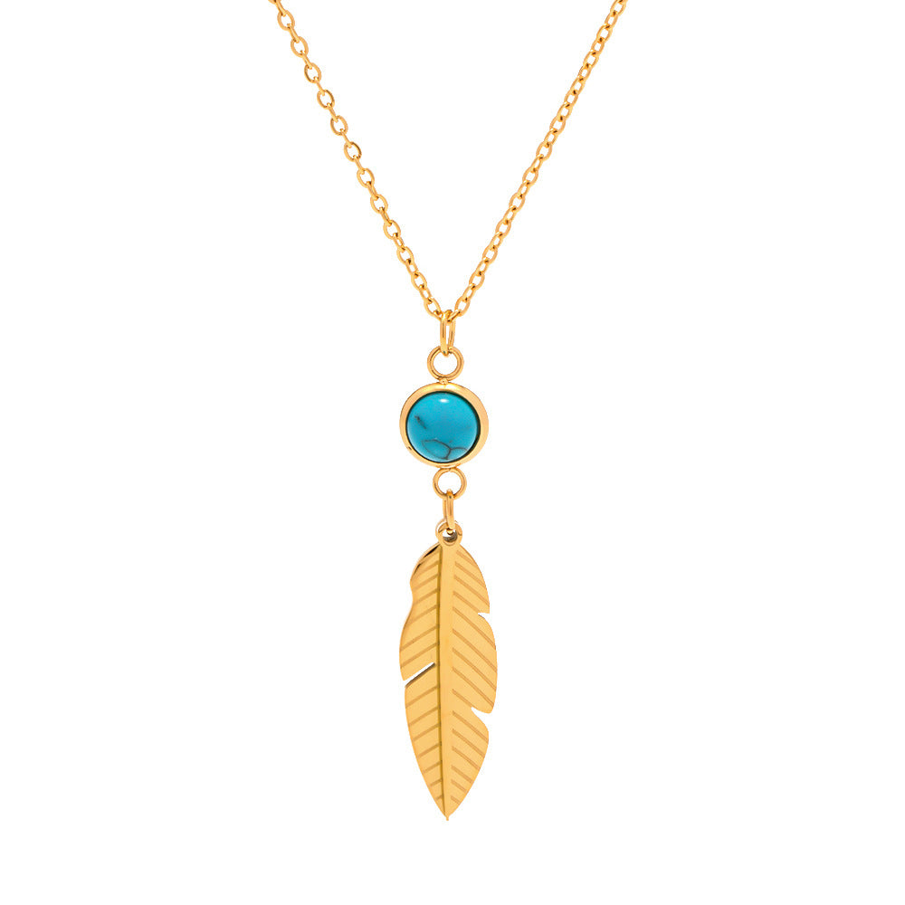 JDN2302040 Stainless Steel Feather and Turquoise Pendant 18K Golden Color Necklace for Women