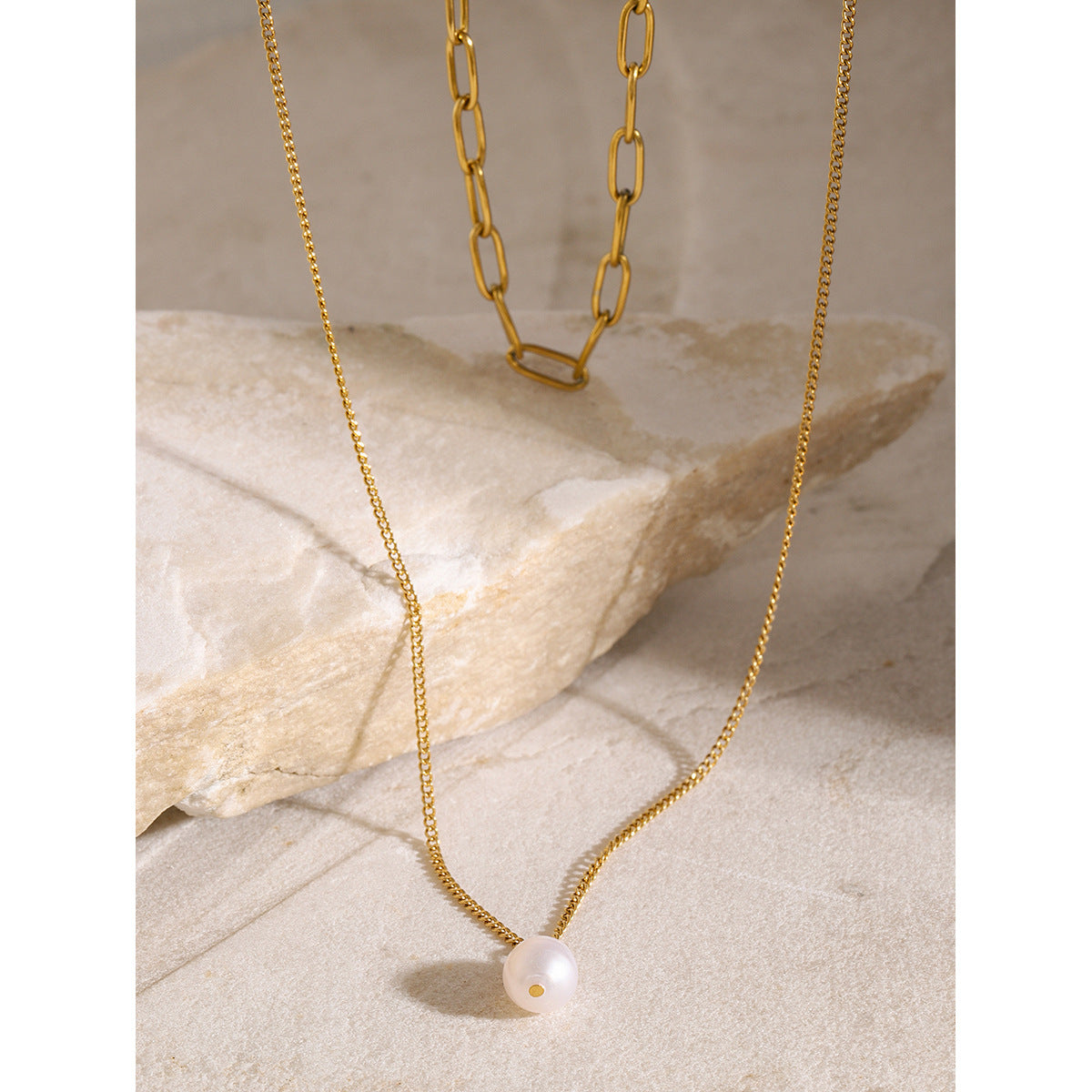 JDNW2403044 Stainless Steel Long Paperclip Chain Double Layered Necklace with Pearl