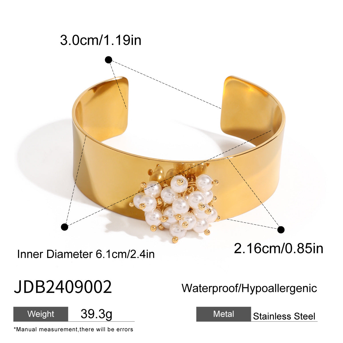 JDB2409002 Stainless Steel Cuff Wide Open Bangle With Pearl for Women