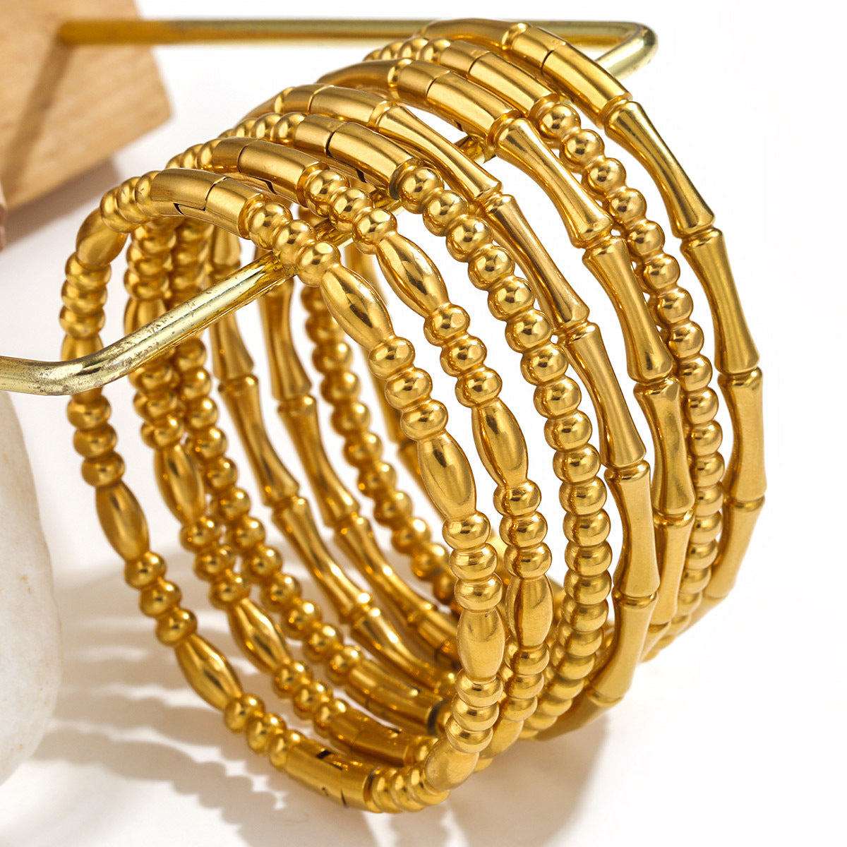 BR02 Bracelet Bamboo Design Bracelet Round Beads Golden Color Bracelet for Women