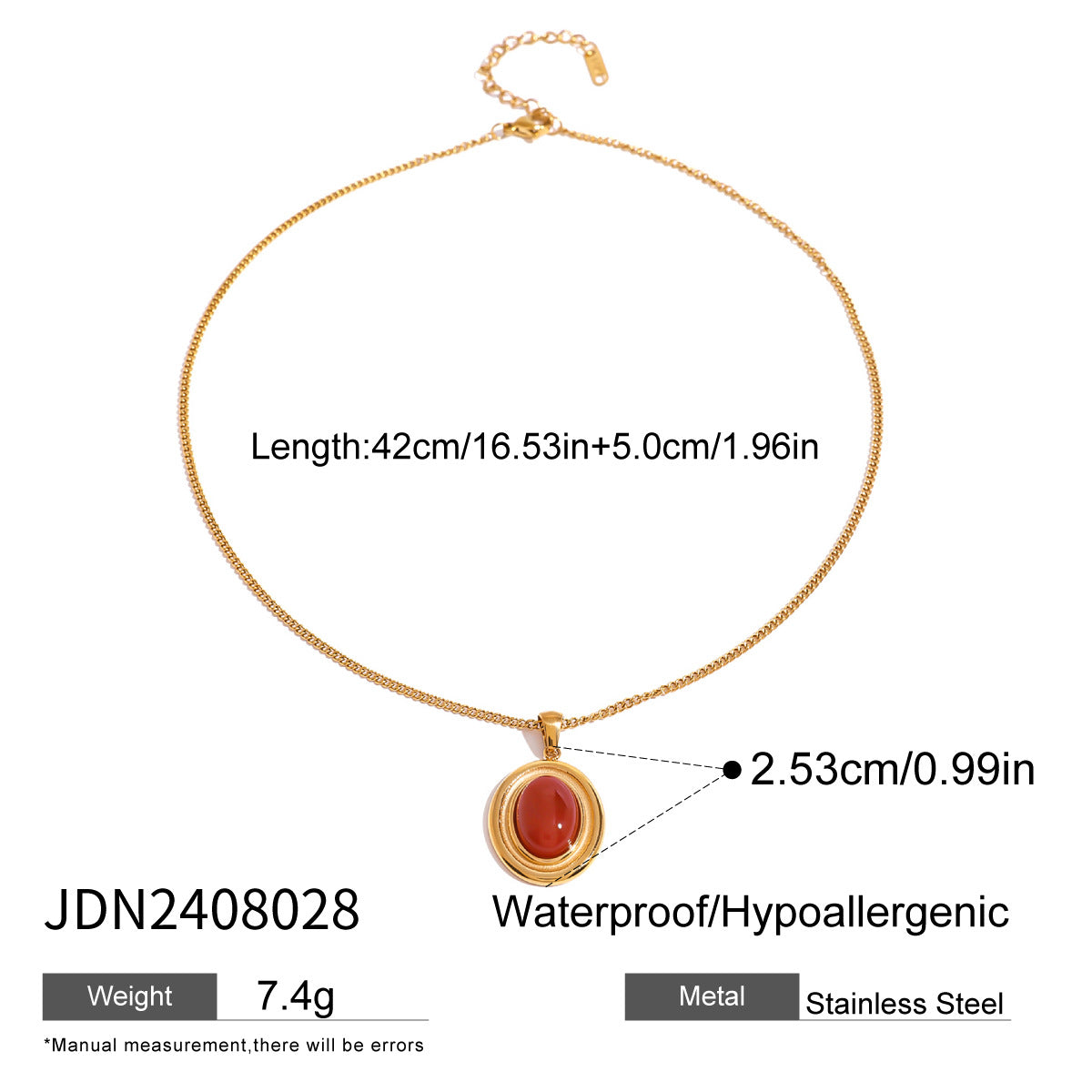 JDN2409026 Natural Crystal Stainless Steel Necklace Red Agate Necklace Heart Pendant Waterproof Chain Necklace