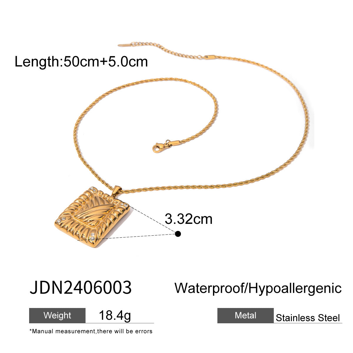 JDN2406003 18K Golden Color Square Pendant Zircon Stainless Steel Necklace for Women