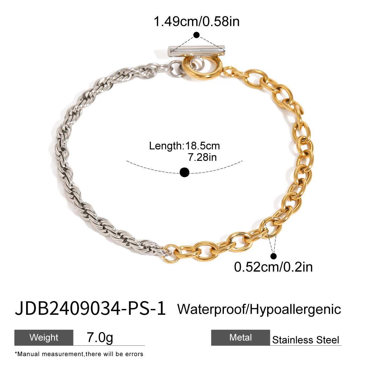 JDB2409034-PS Elegant Two-Tone Link Chain Stainless Steel Bracelet