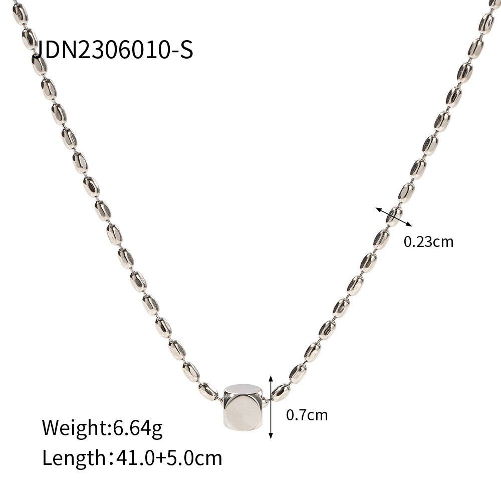 JDN2306010-S Stainless Steel Beaded Chain Necklace with Cube Charm