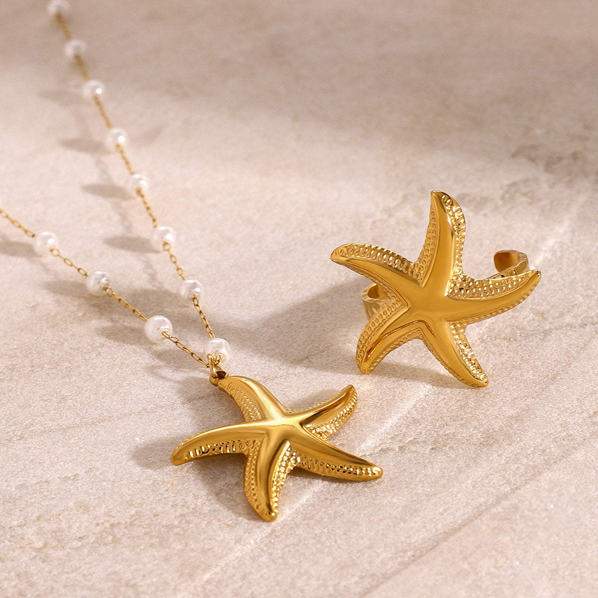 JDNW2407008 18K Golden Color Stainless Steel Sea Star Necklace & Ring for Women