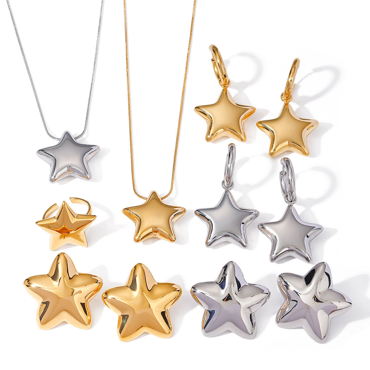 JDE2406005 Stainless Steel Star Pendant Necklace Ring Earrings Set Waterproof 18k Gold Plated Jewelry set