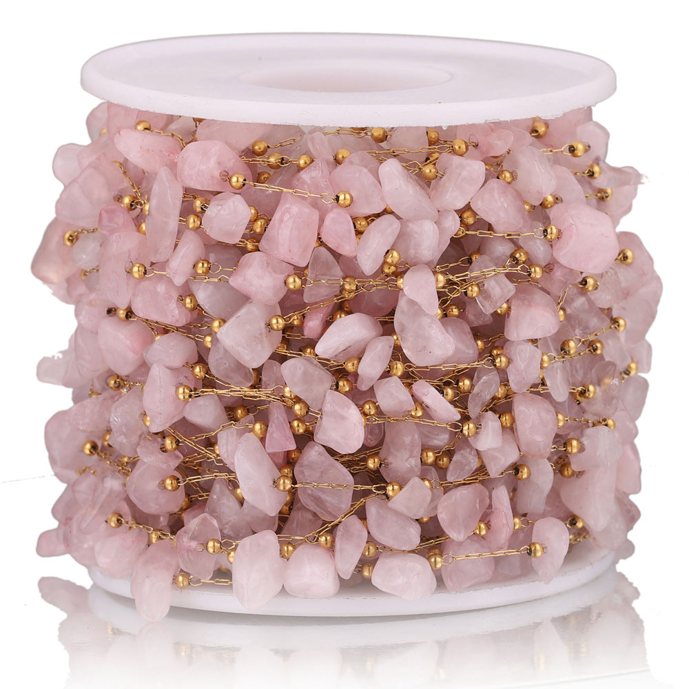 CH18 Stainless Steel Beads with Natural Stone Chips Chain Rose Quartz Natural Chain