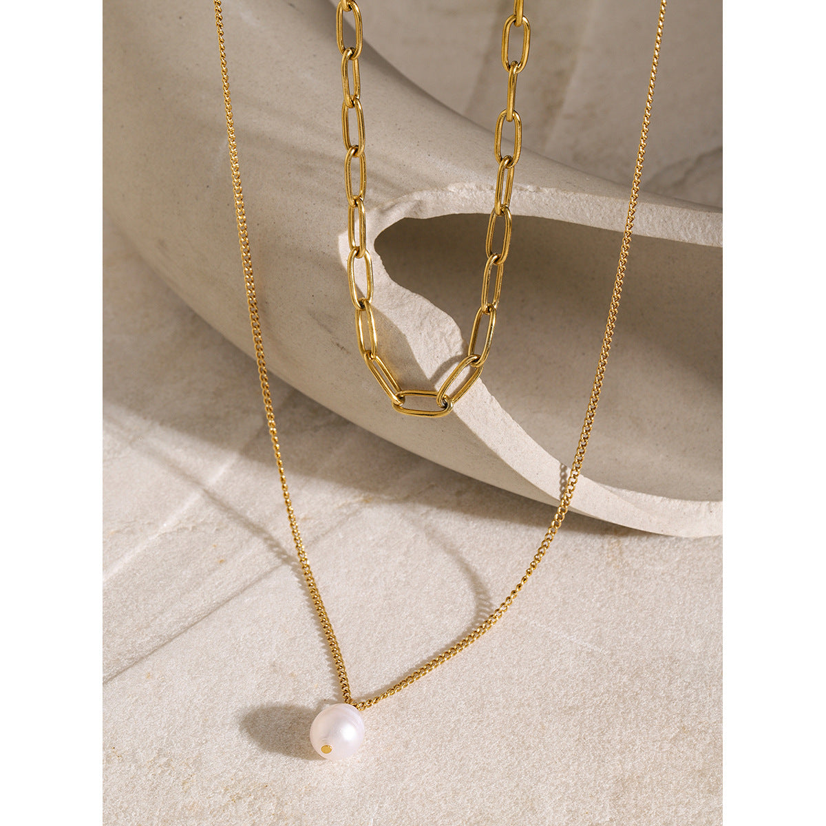 JDNW2403044 Stainless Steel Long Paperclip Chain Double Layered Necklace with Pearl