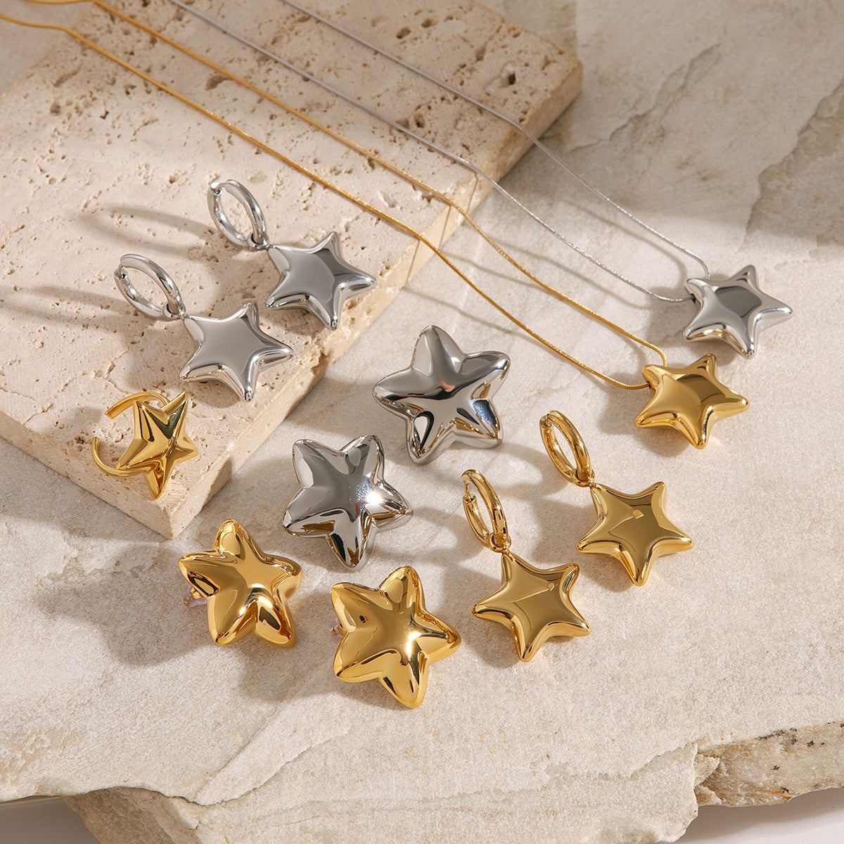 JDE2406005 Stainless Steel Star Pendant Necklace Ring Earrings Set Waterproof 18k Gold Plated Jewelry set