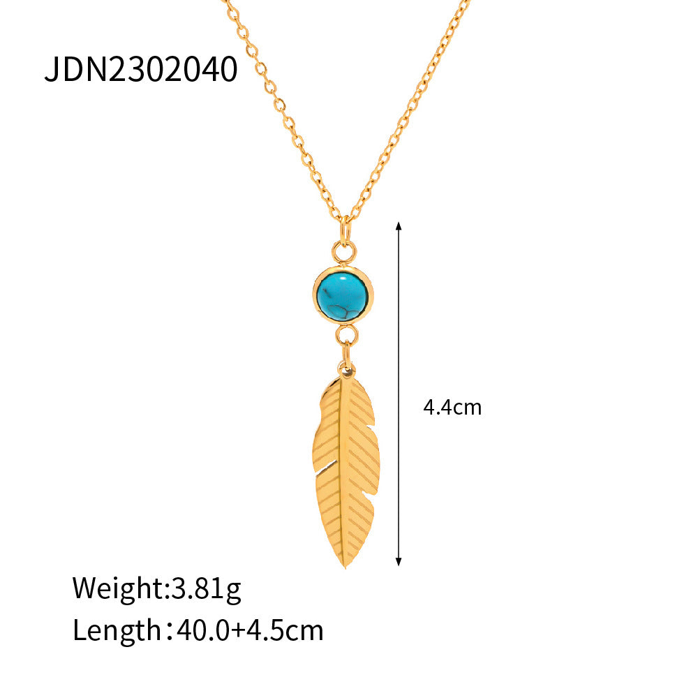 JDN2302040 Stainless Steel Feather and Turquoise Pendant 18K Golden Color Necklace for Women