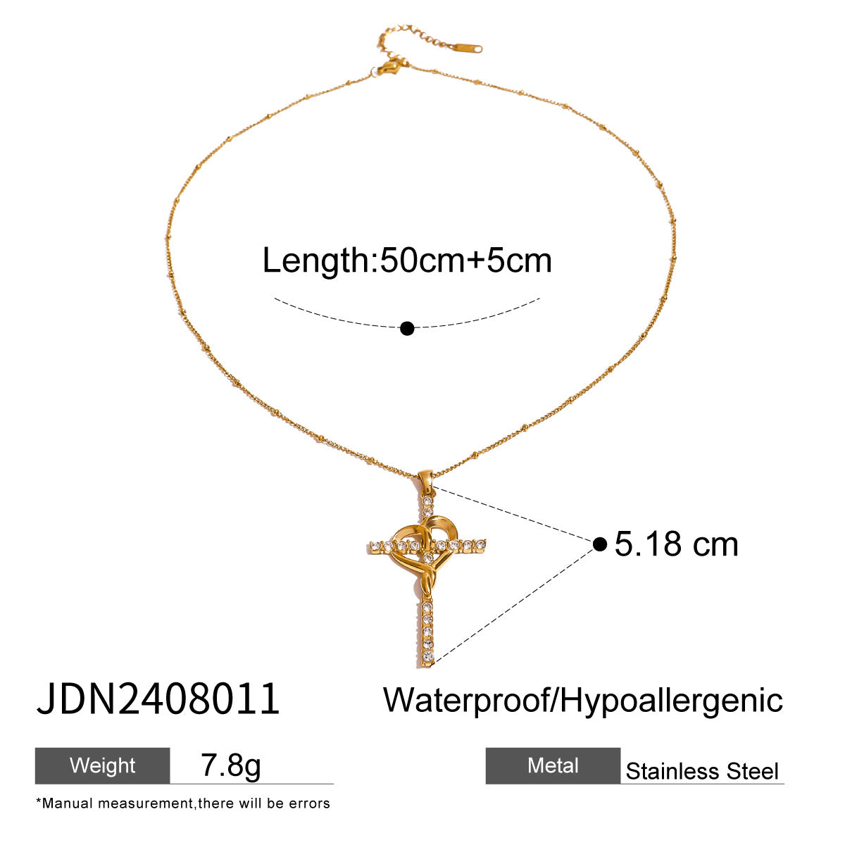 JDN2408010 Cross Pendant Necklace Stainless Steel Necklace Waterproof Chain Necklace for Women