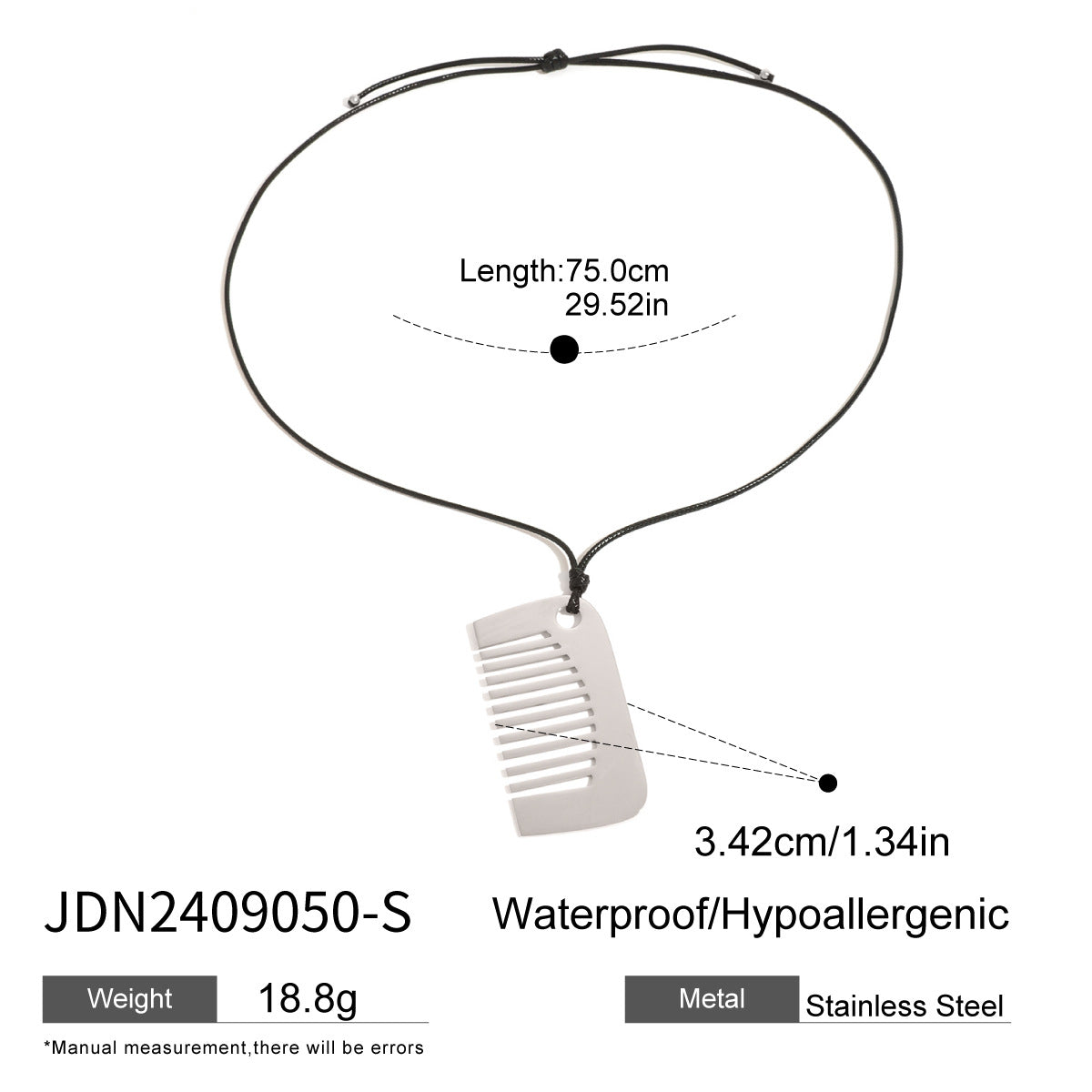 JDN2409050 Stainless Steel Comb Shape Pendant Necklace with Leather Chain Necklace for Women